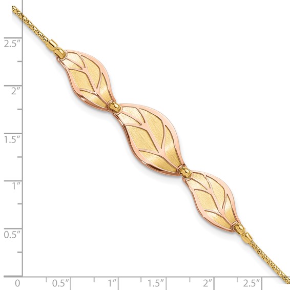 14K Two-tone Rose and Yellow Polished / Brushed Leaf w/ 1.5in ext. Bracelet