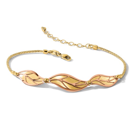 14K Two-tone Rose and Yellow Polished / Brushed Leaf w/ 1.5in ext. Bracelet