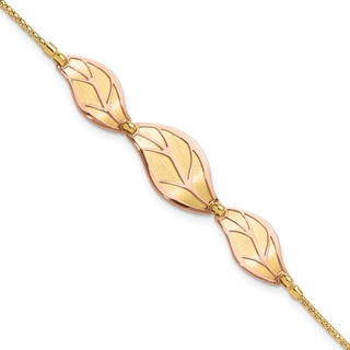 14K Two-tone Rose and Yellow Polished / Brushed Leaf w/ 1.5in ext. Bracelet