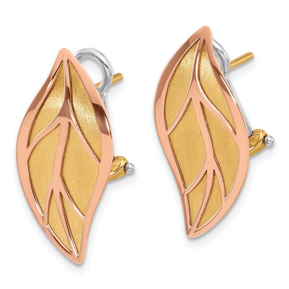14K Two-tone Rose and Yellow Polished / Brushed Leaf Omega Back Earrings (SF3043E)