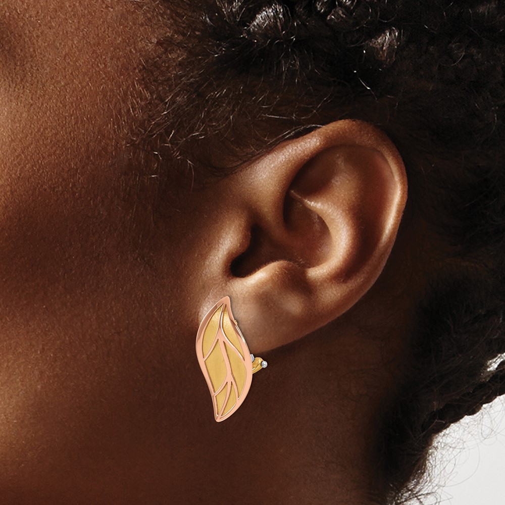 14K Two-tone Rose and Yellow Polished / Brushed Leaf Omega Back Earrings (SF3043E)