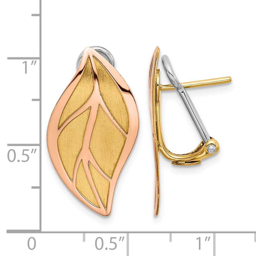 14K Two-tone Rose and Yellow Polished / Brushed Leaf Omega Back Earrings (SF3043E)