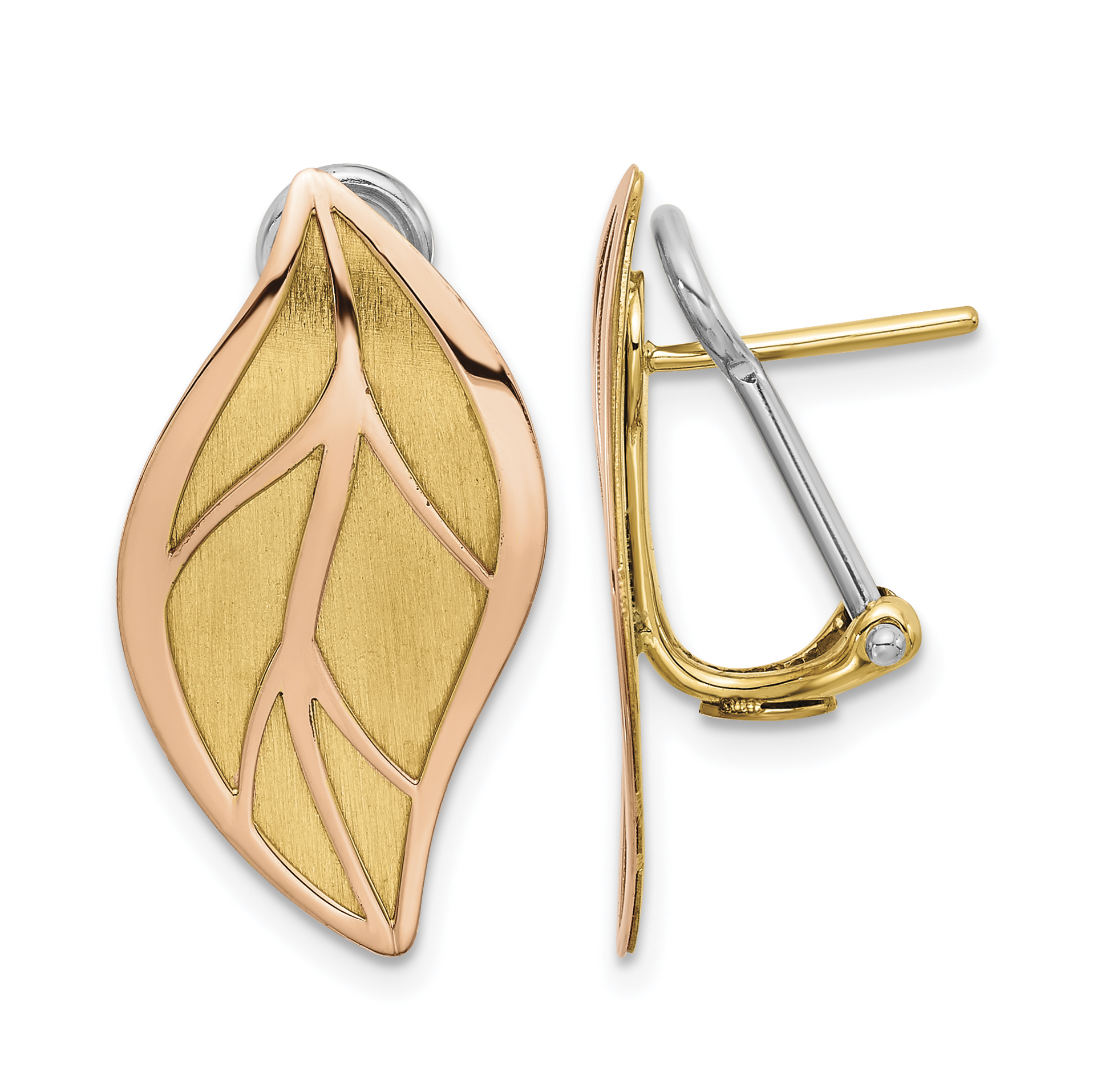 14K Two-tone Rose and Yellow Polished / Brushed Leaf Omega Back Earrings (SF3043E)