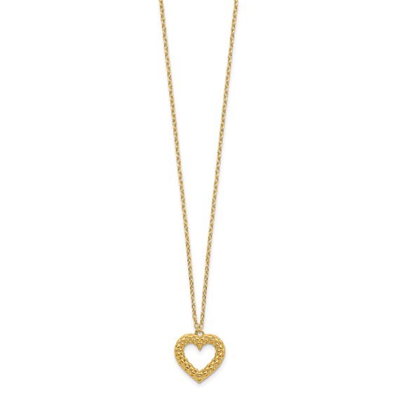 14K Polished Textured Heart Pendant 18 inch Necklace