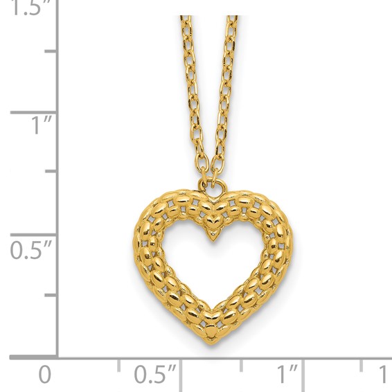 14K Polished Textured Heart Pendant 18 inch Necklace