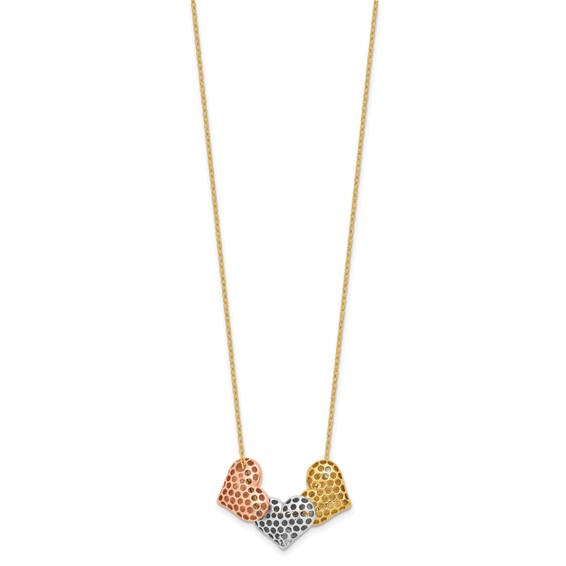 14K Tri-color Polished Three Hearts 17 inch Necklace Plus 1 inch Extender