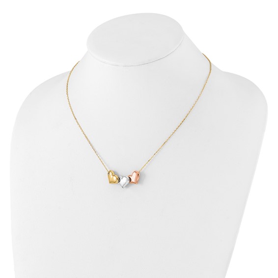 14K Tri-color Polished Three Hearts 17 inch Necklace Plus 1 inch Extender