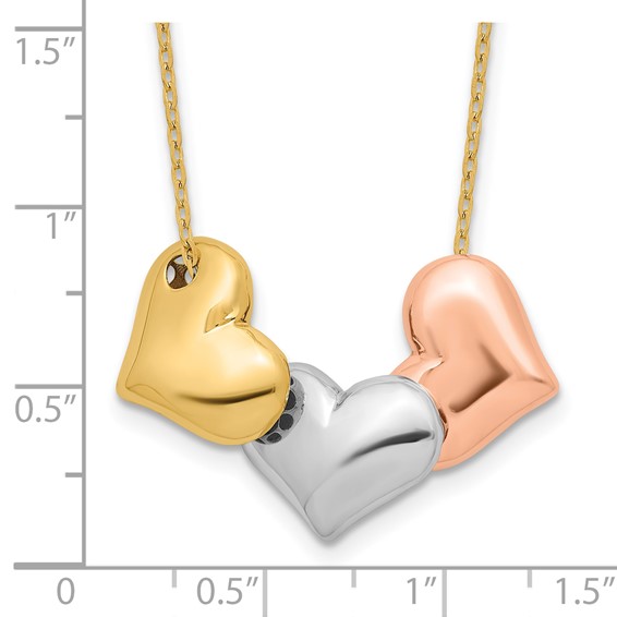 14K Tri-color Polished Three Hearts 17 inch Necklace Plus 1 inch Extender