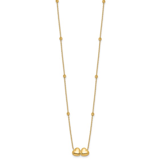 14K Polished Double Heart with Diamond-cut Beads 16 inch Necklace Plus 2 inch Extender