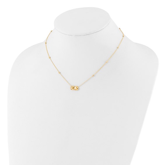 14K Polished Double Heart with Diamond-cut Beads 16 inch Necklace Plus 2 inch Extender