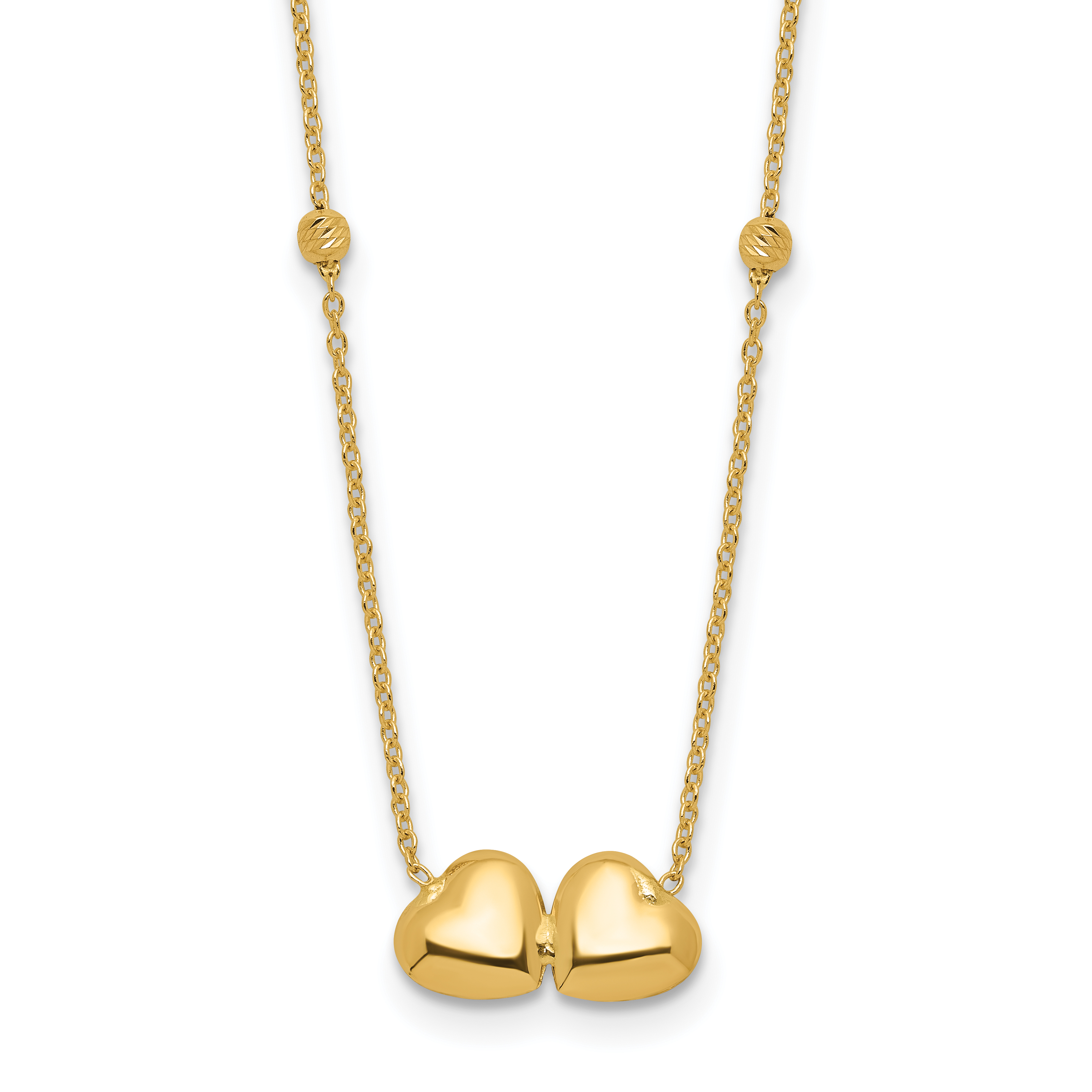 14K Polished Double Heart with Diamond-cut Beads 16 inch Necklace Plus 2 inch Extender (SF3046-16)
