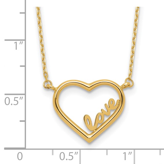 14K Polished Open Heart with LOVE Inside 17 inch Necklace Plus 0.5 inch Extender