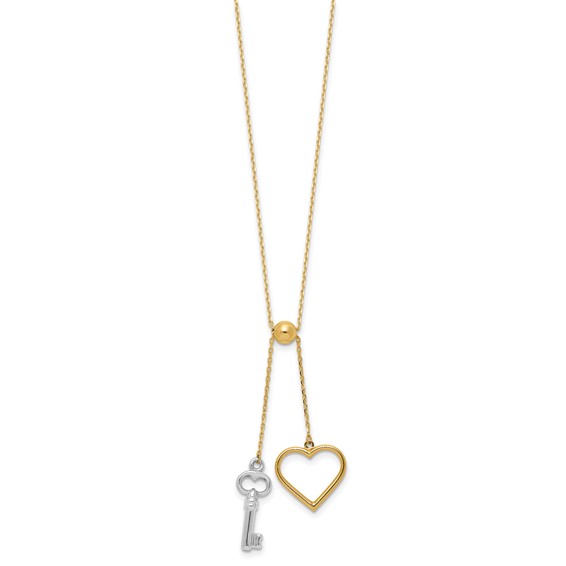 14K Two-tone Polished Adjustable-Dangle Heart and Key 17 inch Lariat Necklace