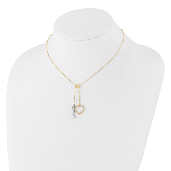 14K Two-tone Polished Adjustable-Dangle Heart and Key 17 inch Lariat Necklace