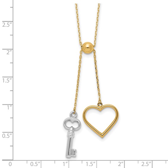 14K Two-tone Polished Adjustable-Dangle Heart and Key 17 inch Lariat Necklace