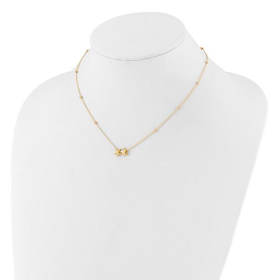14K Polished Double Star with Diamond-cut Beads 16 inch Necklace Plus 2 inch Extender