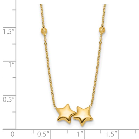 14K Polished Double Star with Diamond-cut Beads 16 inch Necklace Plus 2 inch Extender