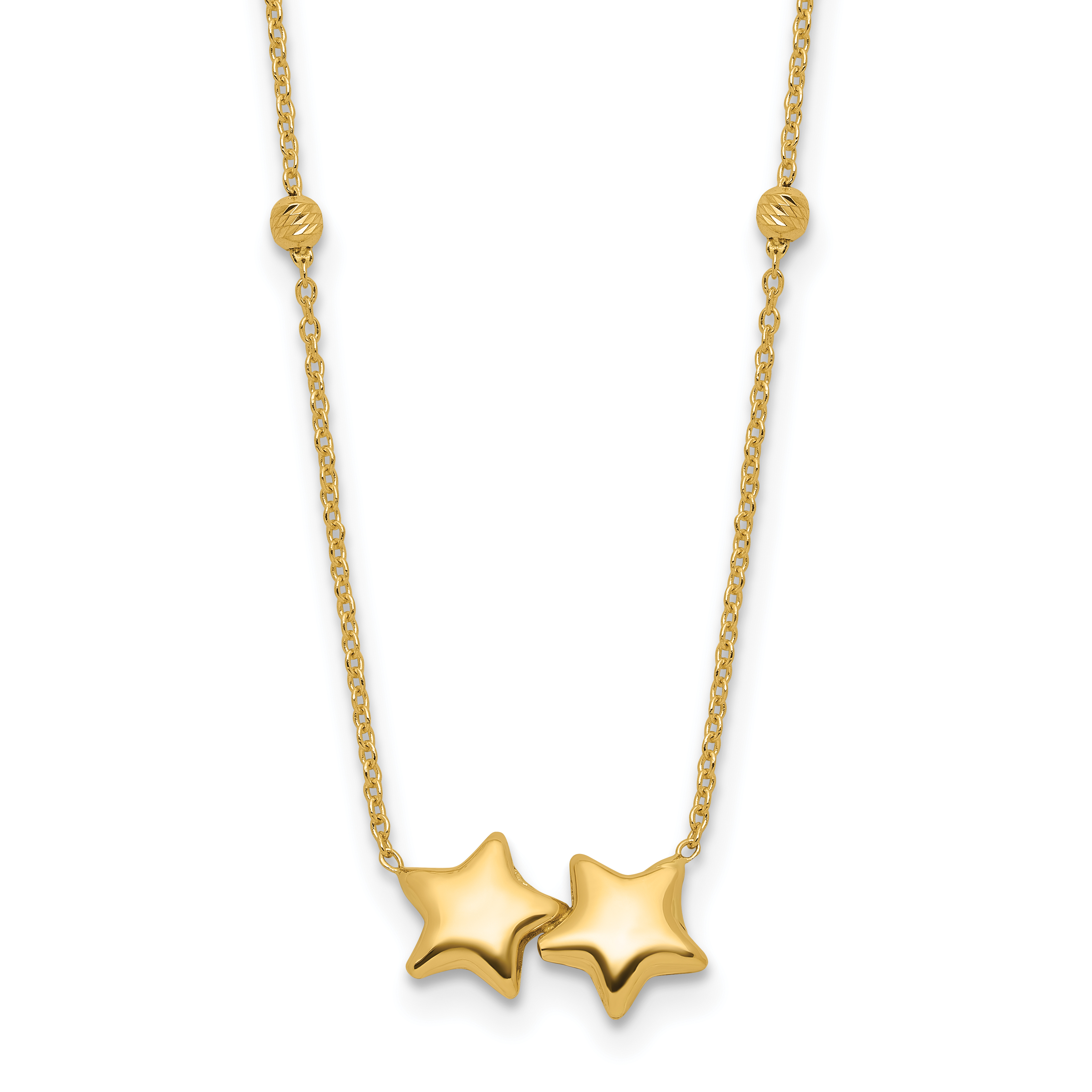 14K Polished Double Star with Diamond-cut Beads 16 inch Necklace Plus 2 inch Extender (SF3053-16)