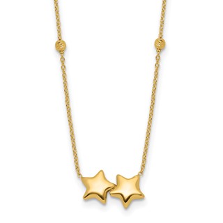 14K Polished Double Star with Diamond-cut Beads 16 inch Necklace Plus 2 inch Extender