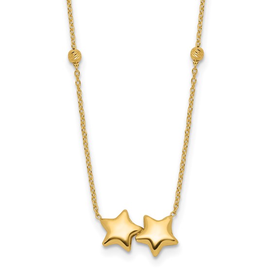 14K Polished Double Star with Diamond-cut Beads 16 inch Necklace Plus 2 inch Extender