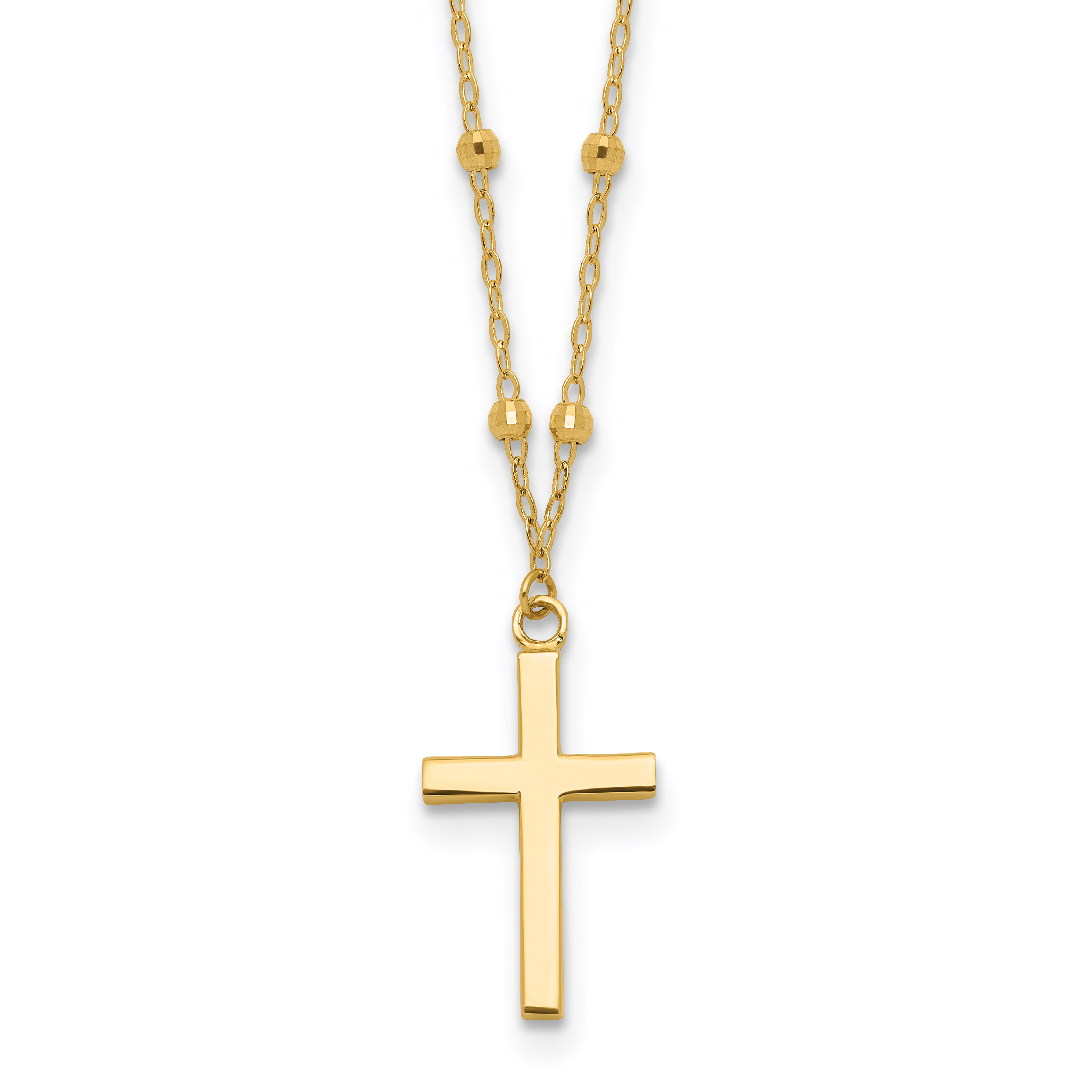 14K Mirror Beaded Chain with Polished Cross Pendant 16.25 inch Necklace Plus 2 inch Extender (SF3055-16.25)