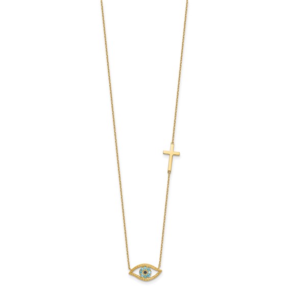 14K Polished Blue CZ Evil Eye and Cross 18 inch Necklace Plus 2 inch Extender
