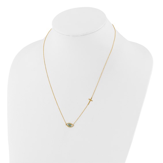 14K Polished Blue CZ Evil Eye and Cross 18 inch Necklace Plus 2 inch Extender