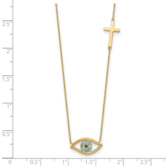 14K Polished Blue CZ Evil Eye and Cross 18 inch Necklace Plus 2 inch Extender