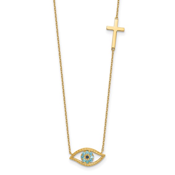 14K Polished Blue CZ Evil Eye and Cross 18 inch Necklace Plus 2 inch Extender