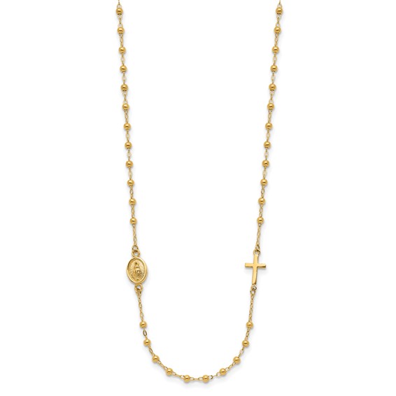 14K Polished Miraculous Medal and Cross Beaded Rosary Design 16.5 inch Necklace