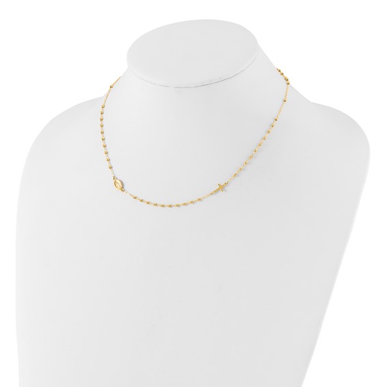 14K Polished Miraculous Medal and Cross Beaded Rosary Design 16.5 inch Necklace