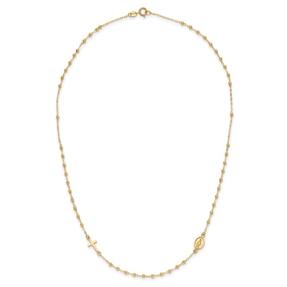 14K Polished Miraculous Medal and Cross Beaded Rosary Design 16.5 inch Necklace