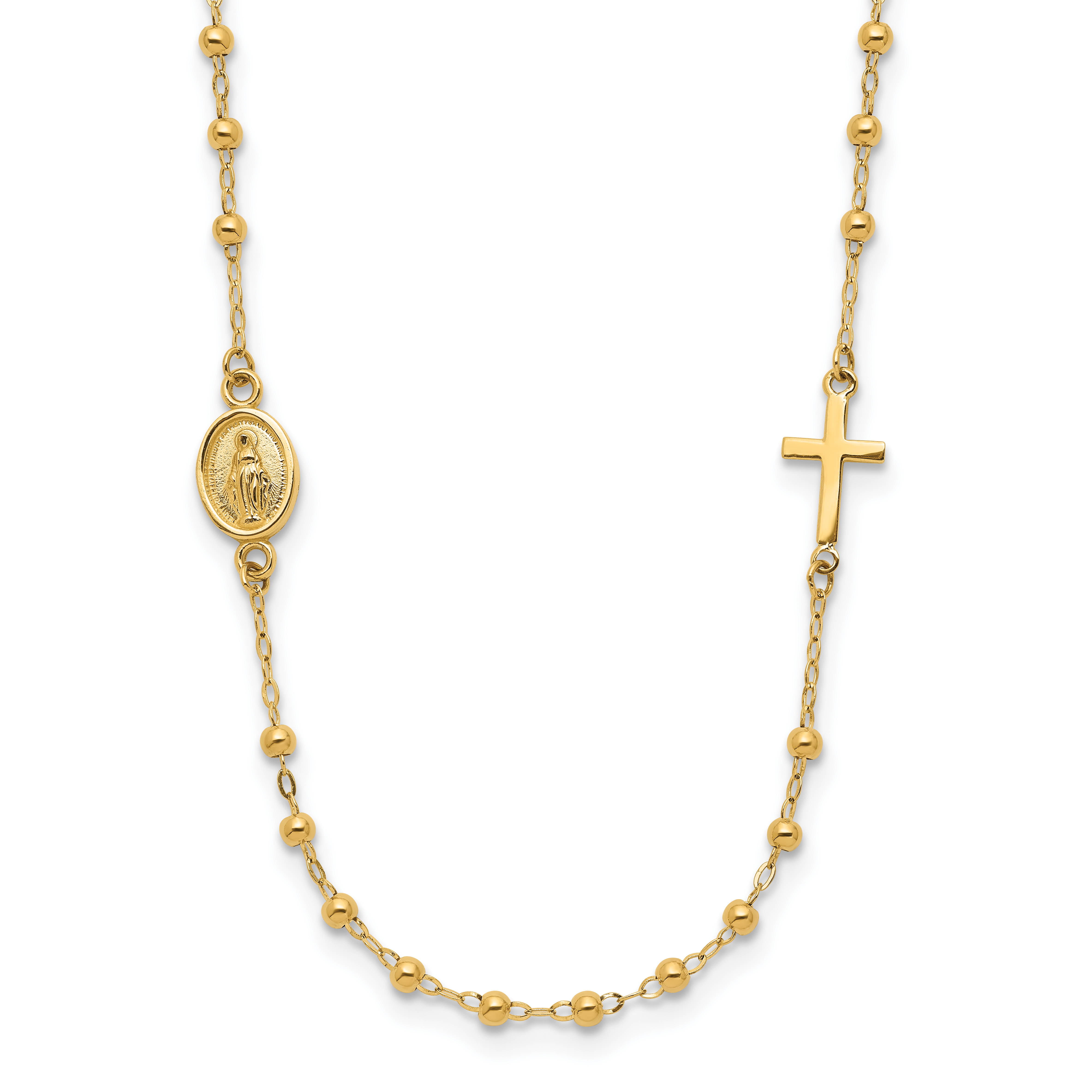 14K Polished Miraculous Medal and Cross Beaded Rosary Design 16.5 inch Necklace (SF3057-16.5)