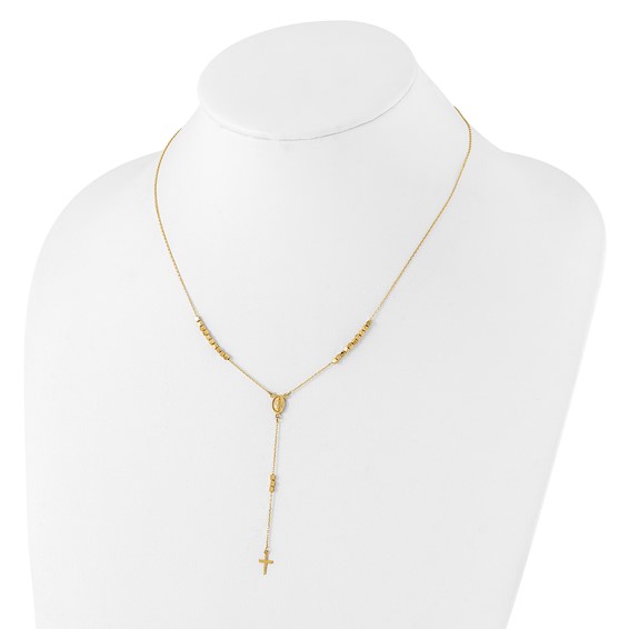 14K Polished Miraculous Medal and Cross Rosary Design 17.75 inch Y-Drop Necklace