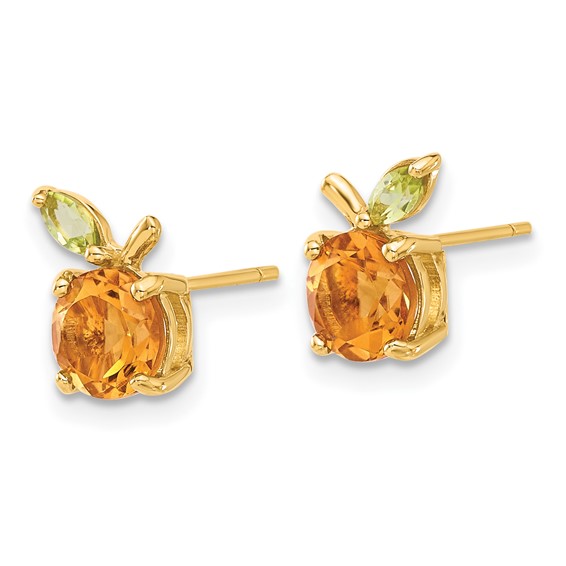 14K Round Citrine and Peridot Orange Post Earrings