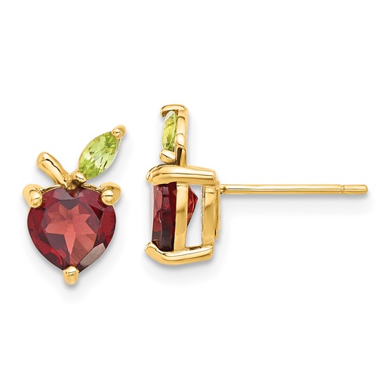 14K Heart-shaped Garnet and Peridot Apple Post Earrings