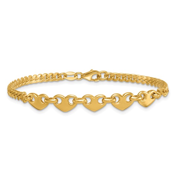 14k Polished Five Hearts with Curb Link 7 inch Bracelet