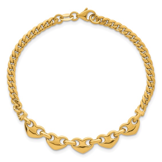 14k Polished Five Hearts with Curb Link 7 inch Bracelet