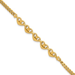 14k Polished Five Hearts with Curb Link 7 inch Bracelet