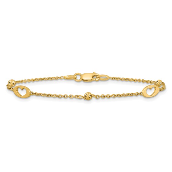14k Polished Cut-out Hearts and Diamond-cut Beads 7.5 inch Bracelet