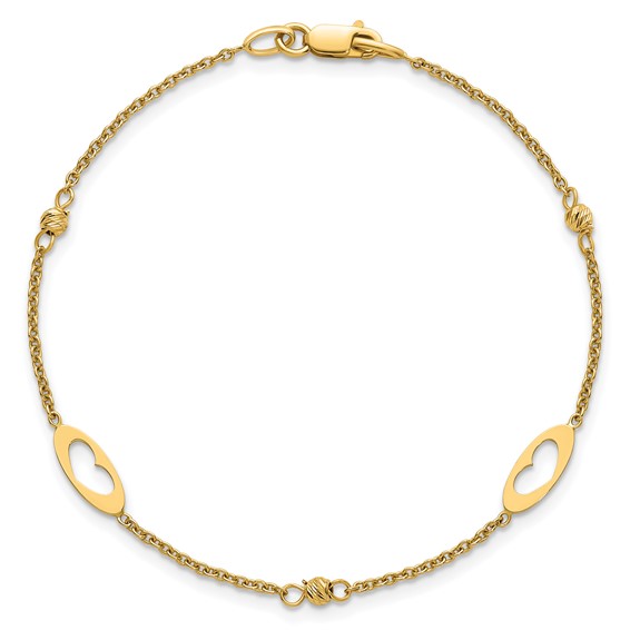 14k Polished Cut-out Hearts and Diamond-cut Beads 7.5 inch Bracelet