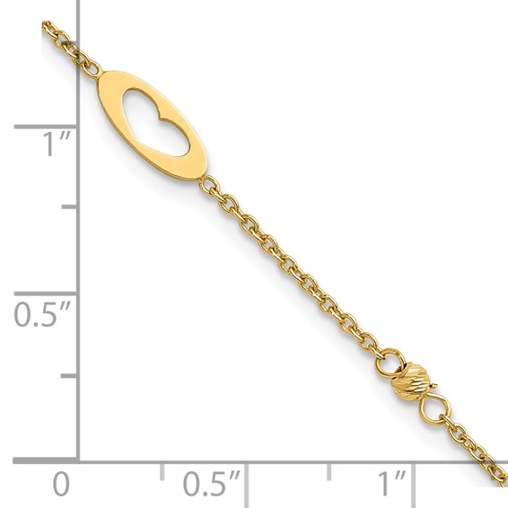 14k Polished Cut-out Hearts and Diamond-cut Beads 7.5 inch Bracelet