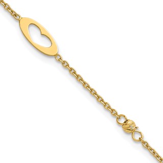 14k Polished Cut-out Hearts and Diamond-cut Beads 7.5 inch Bracelet