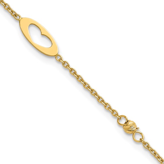 14k Polished Cut-out Hearts and Diamond-cut Beads 7.5 inch Bracelet