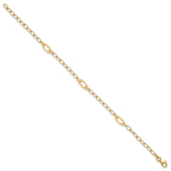 14k Polished Cut-out Hearts and Cable Links 7.25 inch Bracelet