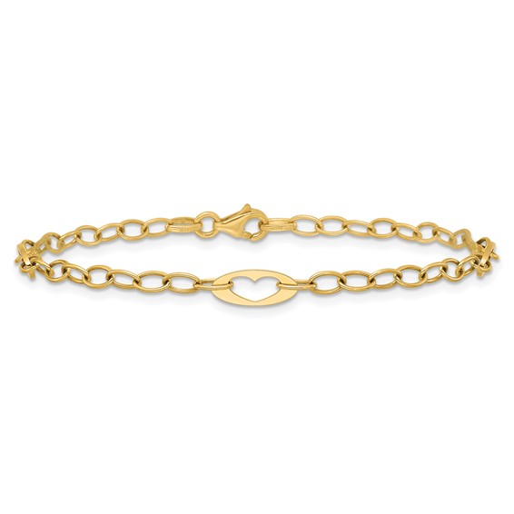 14k Polished Cut-out Hearts and Cable Links 7.25 inch Bracelet