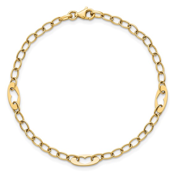 14k Polished Cut-out Hearts and Cable Links 7.25 inch Bracelet