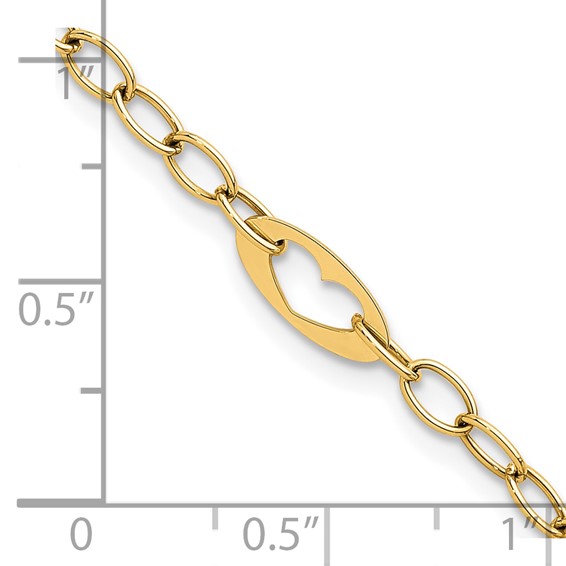 14k Polished Cut-out Hearts and Cable Links 7.25 inch Bracelet