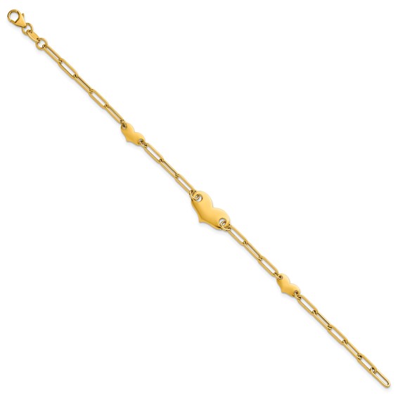 14k Polished Paperclip Link With Three Hearts 7.5 inch Bracelet