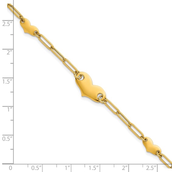 14k Polished Paperclip Link With Three Hearts 7.5 inch Bracelet